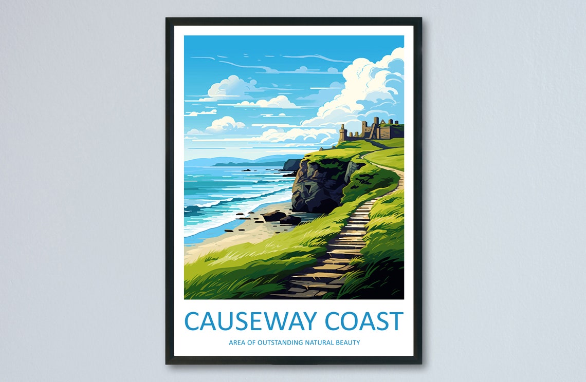 Causeway Coast Northern Ireland Cliffs Castle Steps Travel Poster