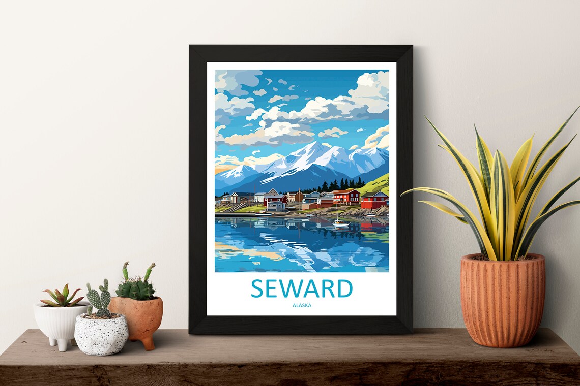 Seward Alaska Waterfront Town Snowy Peaks Harbor Travel Poster - Image 3