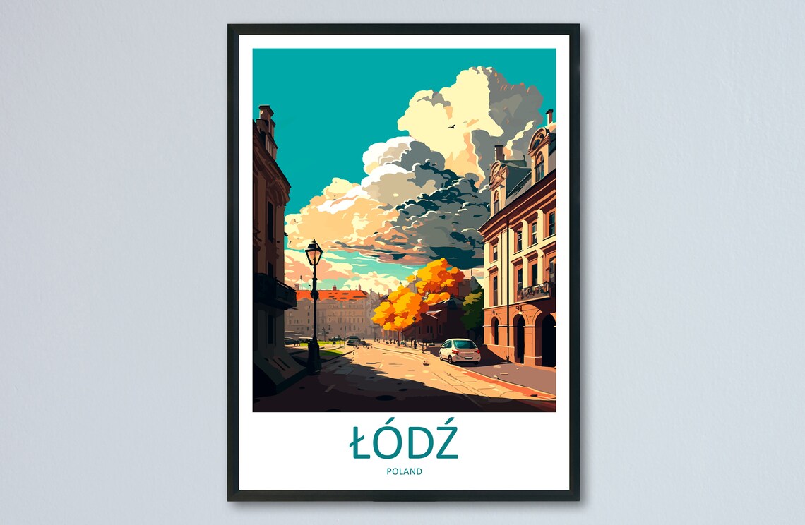 Lodz Poland Autumn Street Scene Vintage Travel Illustration Poster