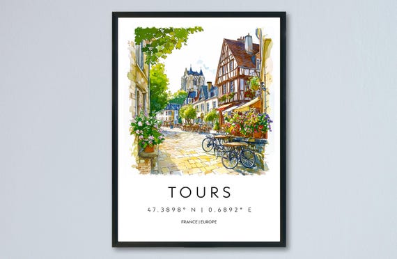 Tours Watercolor Poster, Loire Valley Travel Print