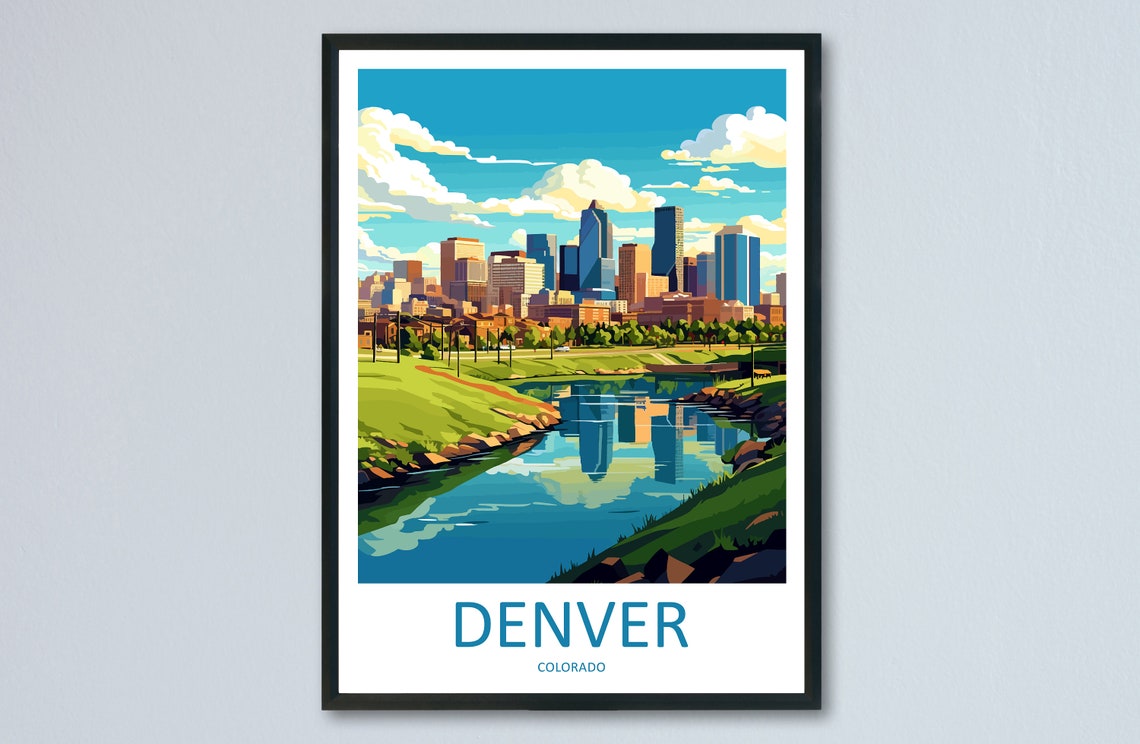 Denver Colorado Downtown Skyline River Reflection Travel Poster