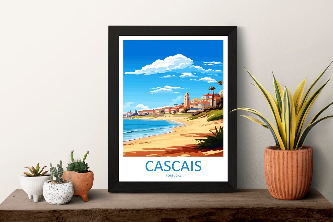 Cascais Portugal Sandy Beach Seaside Town Palms Travel Poster Art - Image 3