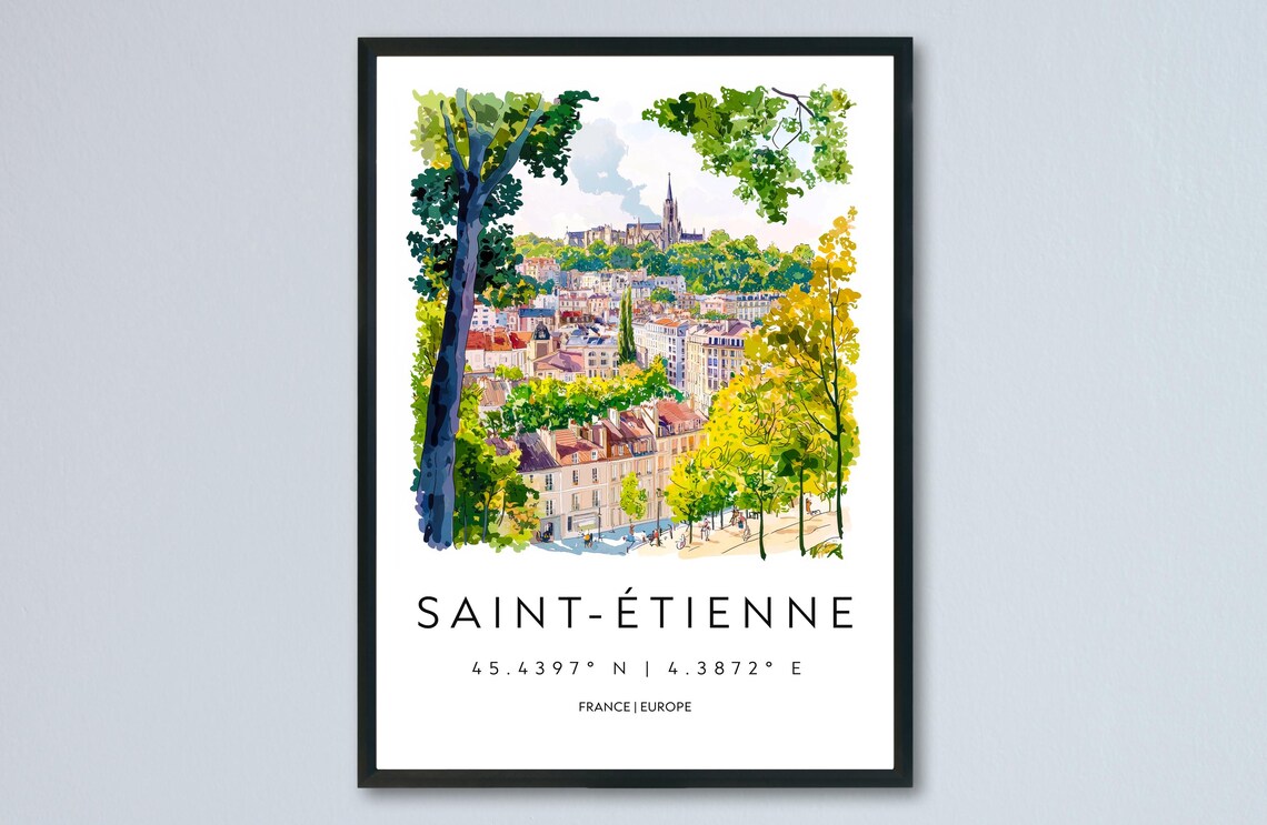 Saint Etienne Watercolor City Skyline Cathedral Travel Poster