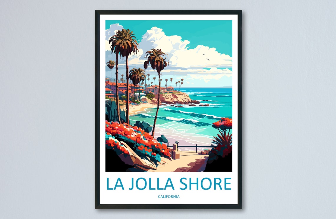 La Jolla Shore California Palm Trees Beach Cove Travel Poster