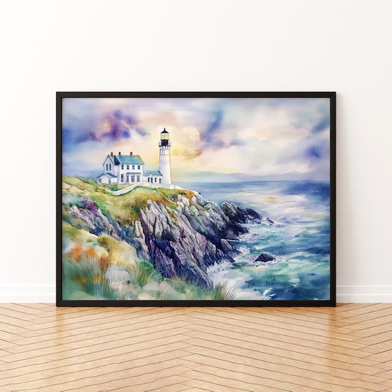 Donegal Lighthouse On Rugged Cliffs Ocean Sunset Watercolor Poster