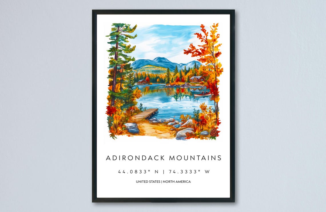 Adirondack Mountains Autumn Lake Watercolor Fall Foliage Poster