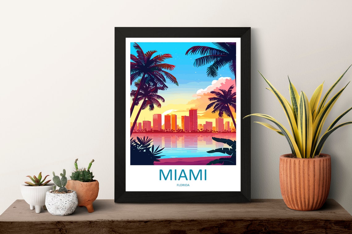 Miami Skyline Sunset Palm Trees Florida Beach Ocean Travel Poster - Image 3