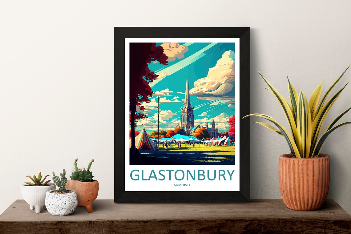 Glastonbury Somerset Summer Festival Tents Church Spire Art Poster - Image 3