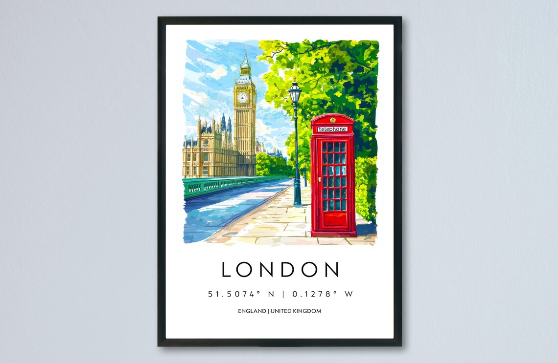 London Big Ben and Red Telephone Box Watercolor Travel Poster
