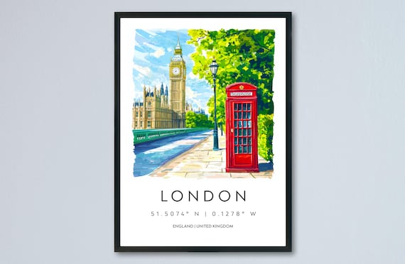 London Big Ben and Red Telephone Box Watercolor Travel Poster