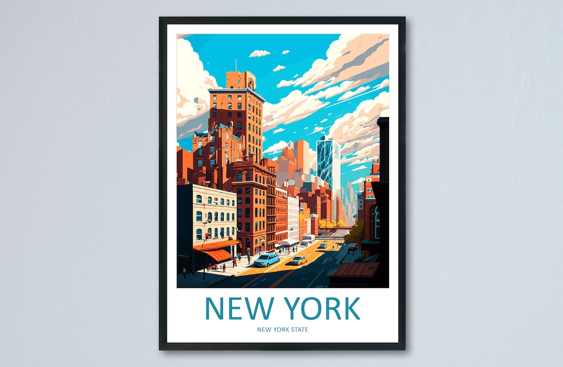 New York City Skyline Street Scene Yellow Taxis Travel Poster