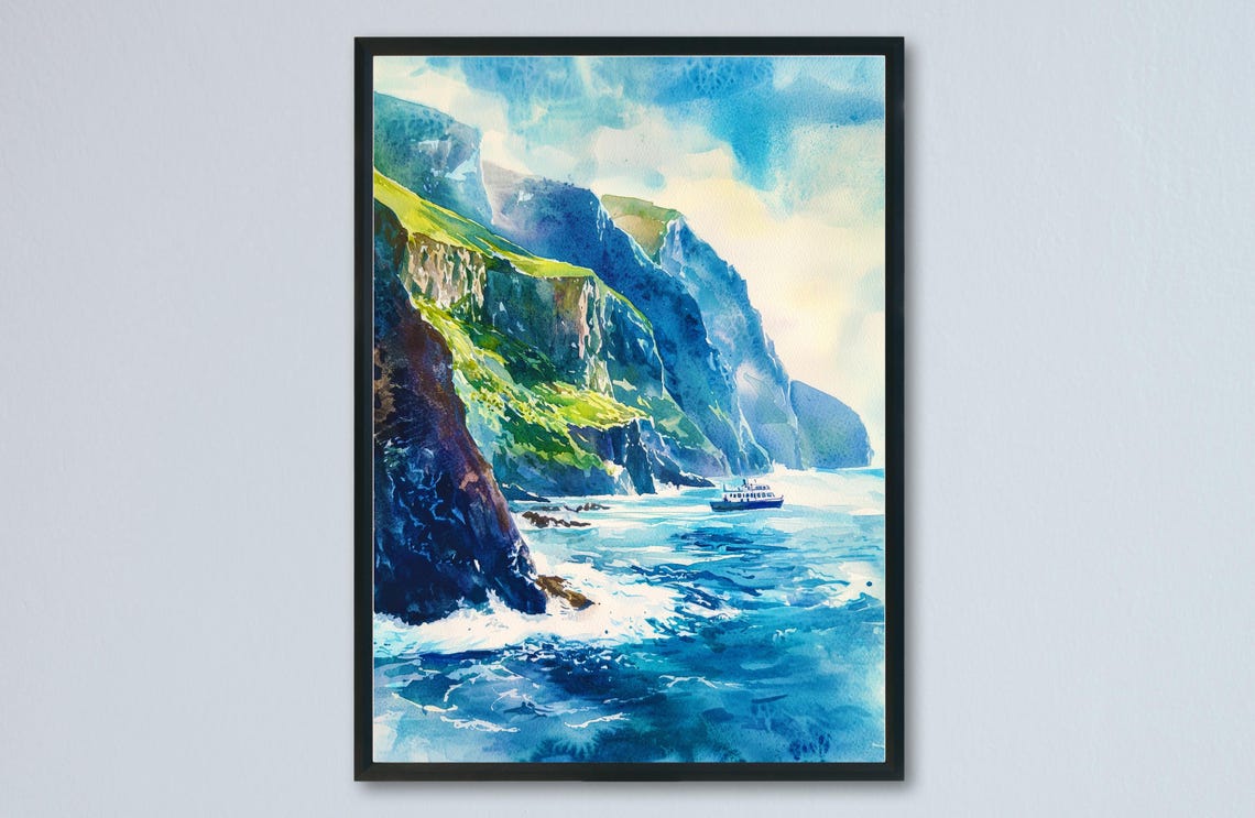 Slieve League Towering Sea Cliffs Ocean Boat Ireland Watercolor Poster