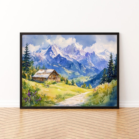 French Alps Mountain Chalet Snow Peaks Watercolor Art Poster