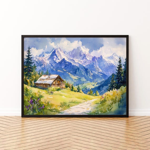 French Alps Watercolor Poster Mountain Scenery Wall Art Hanging Home Dcor Gift Lovers France