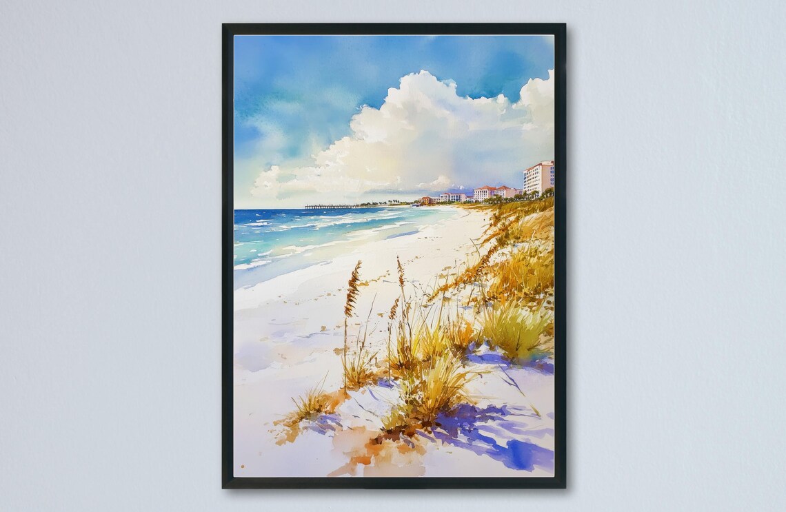 White Sand Beach Sea Oats Dunes Resort Shore Watercolor Poster