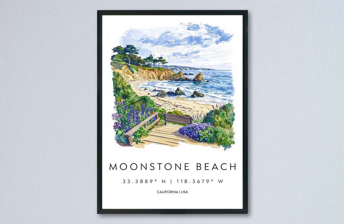 Moonstone Beach California Boardwalk Cove Watercolor Art Poster