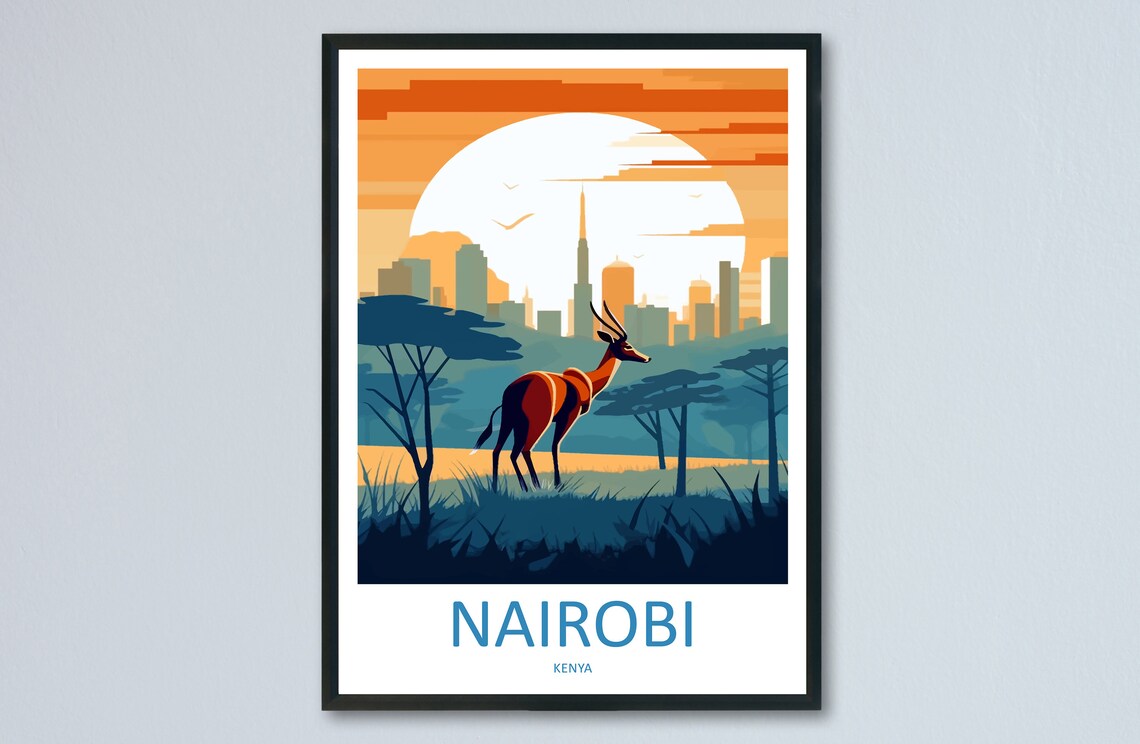 Nairobi Kenya Golden Sunset Skyline Antelope Safari Travel Poster