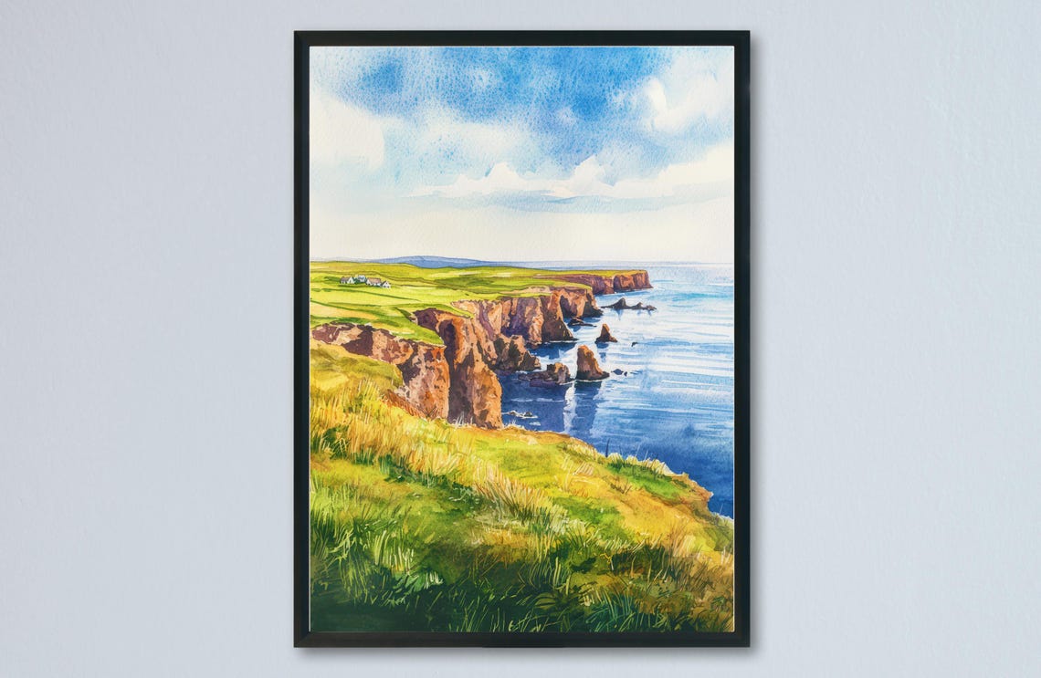 Shetland Islands Dramatic Sea Cliffs Stacks Watercolor Coast Poster