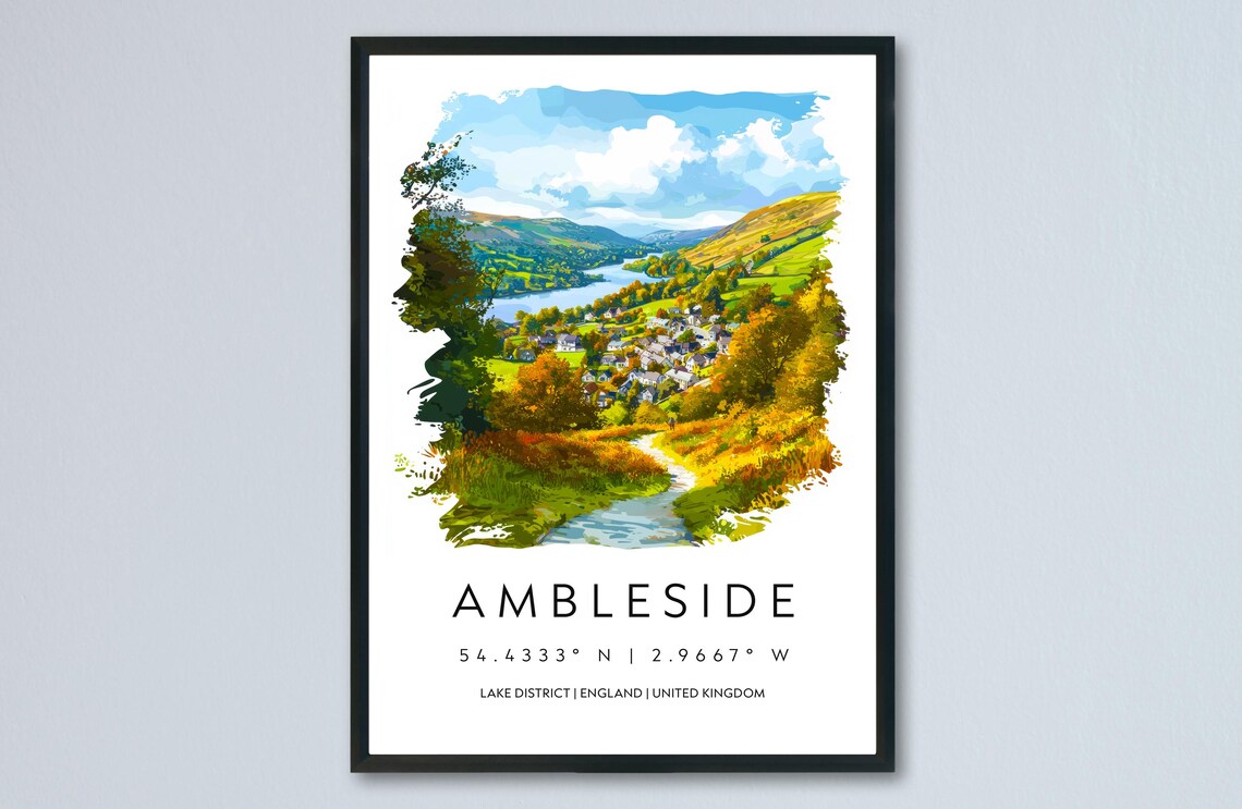 Ambleside Lake District Valley Village Autumn Hills Watercolor Poster