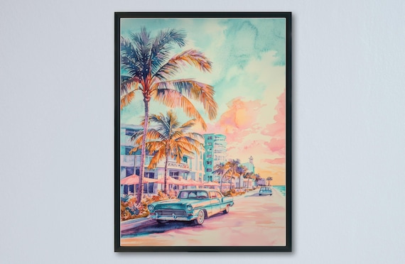 Miami South Beach Art Deco Classic Car Palm Sunset Art Poster