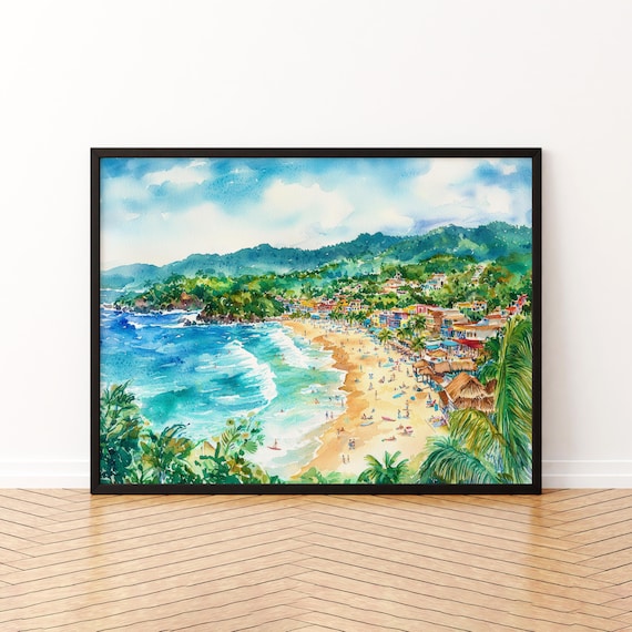 Sayulita Mexico Watercolor Poster Beach Surf Town Coastal Travel Decor