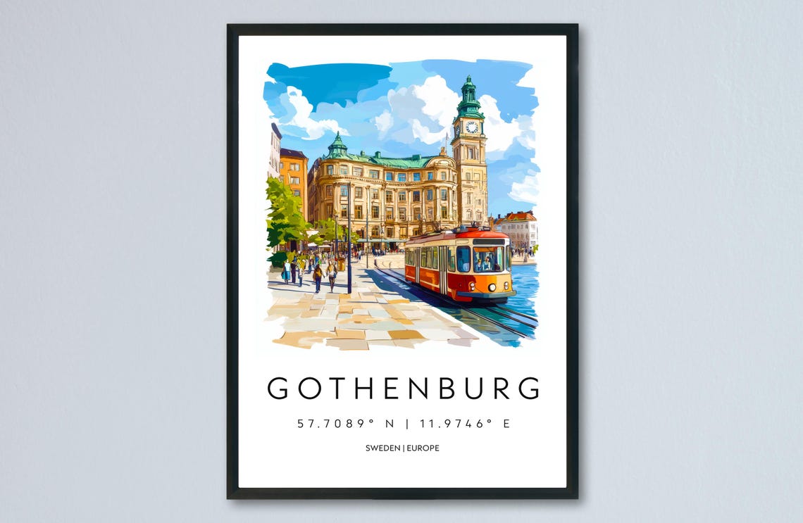 Gothenburg Tram Clock Tower Watercolor Sweden Street Art Poster