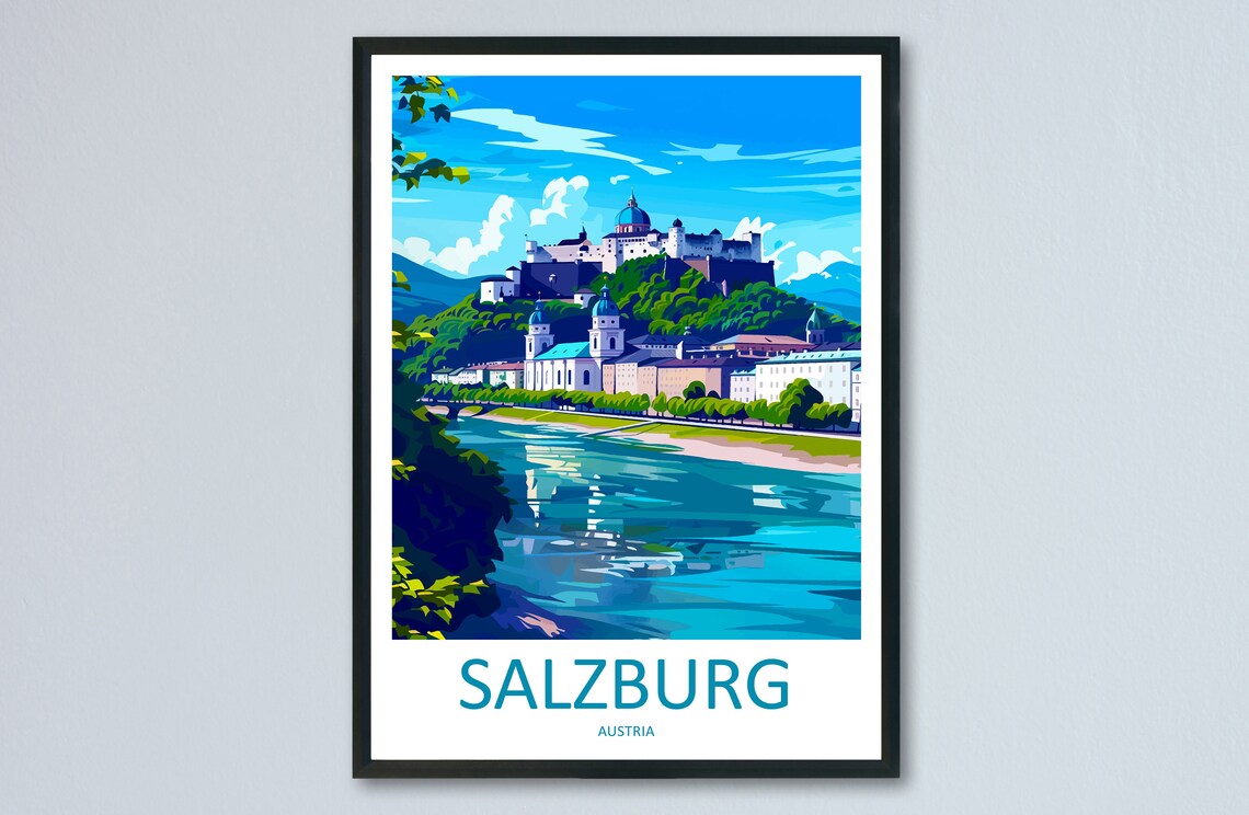 Salzburg Austria Mighty Fortress Turquoise River View Travel Poster