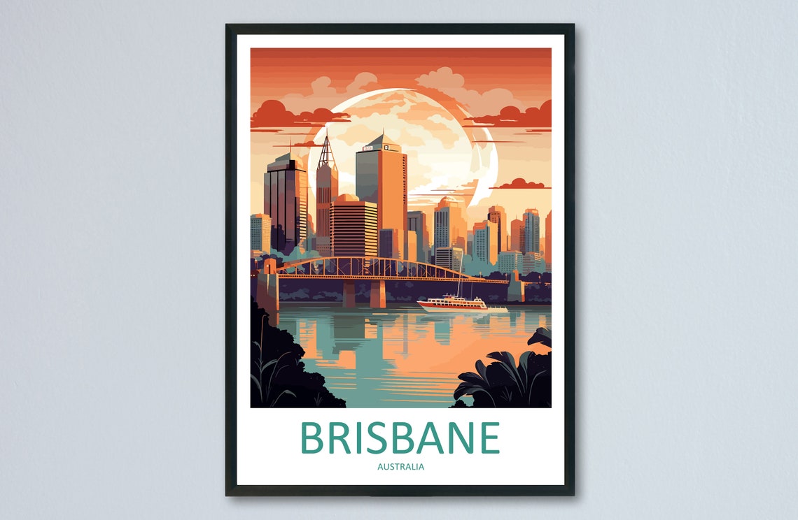 Brisbane Australia Sunset Skyline River Ferry Vintage Poster Art