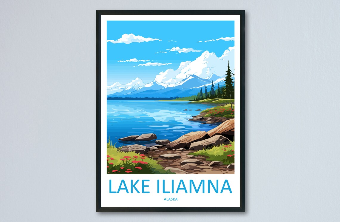 Lake Iliamna Alaska Blue Waters Wildflower Shore Travel Poster