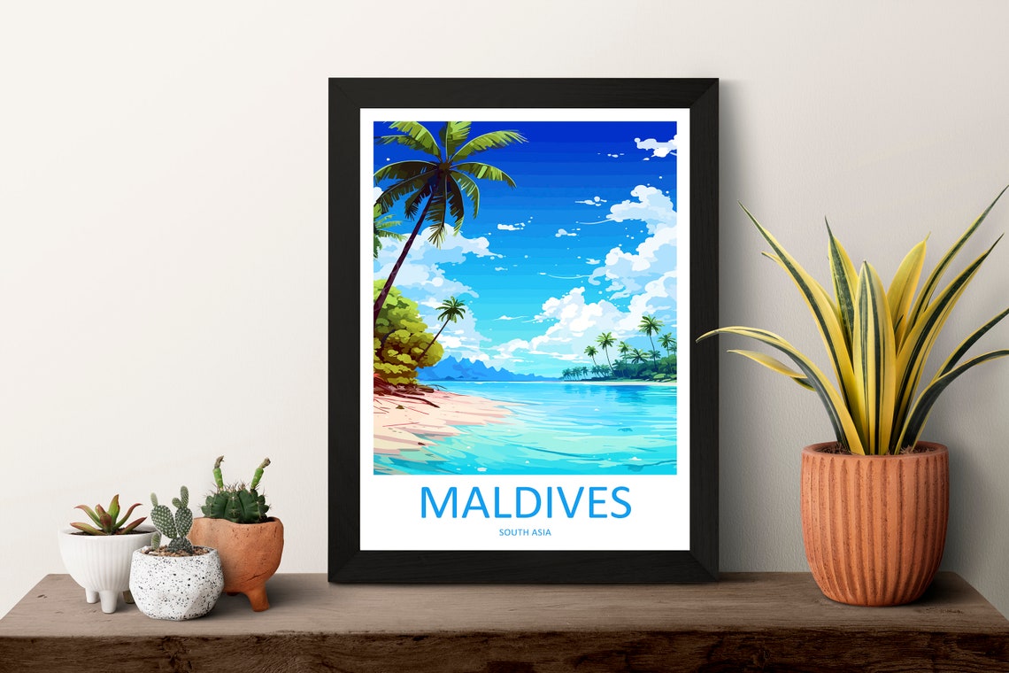 Maldives Tropical Beach Palm Trees Illustration Travel Poster - Image 3