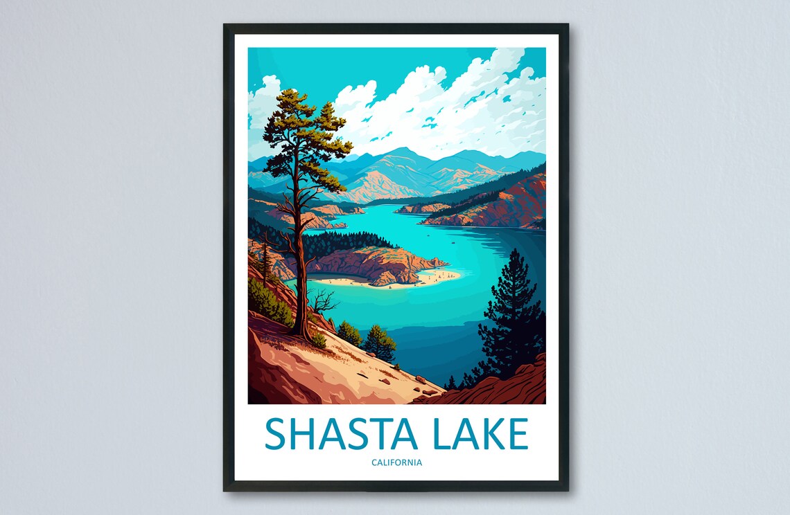 Shasta Lake California Pine Hills Blue Water Vintage Travel Poster Art