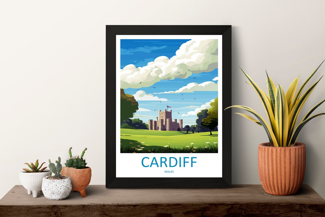 Cardiff Castle Wales Green Hillside Vintage Travel Poster Art - Image 3