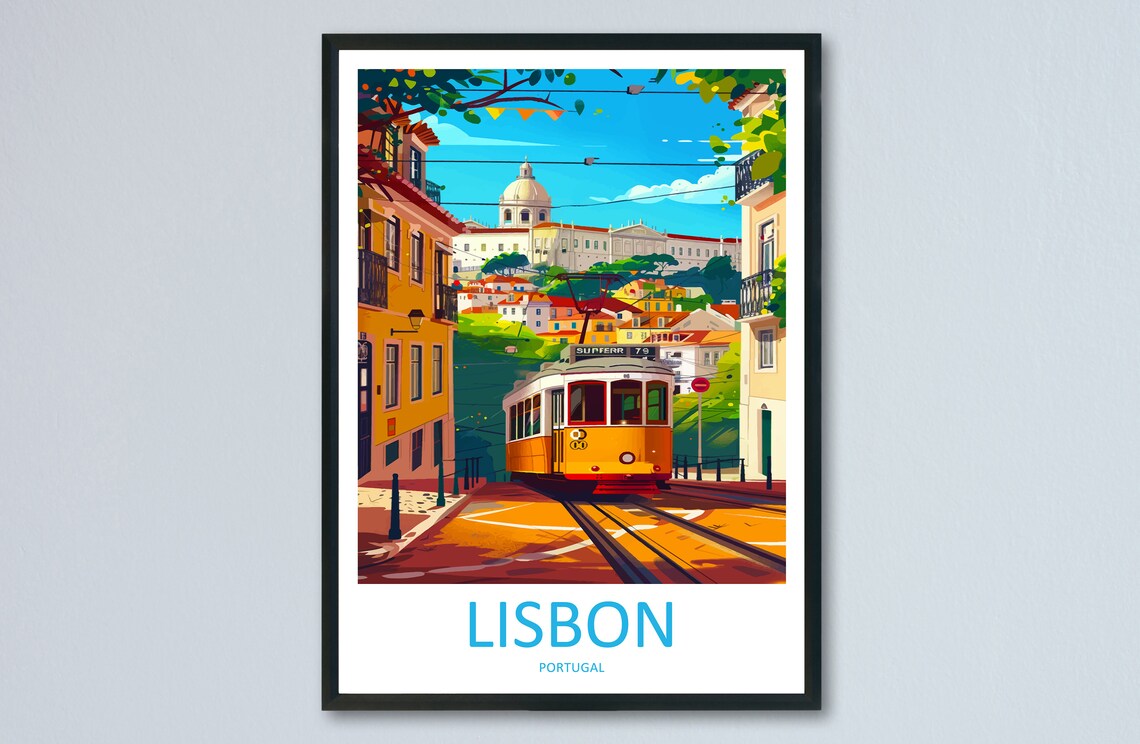 Lisbon Portugal Classic Yellow Tram Historic Street Travel Poster