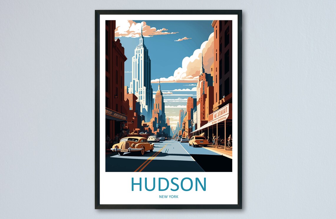 Hudson New York Downtown Street With Yellow Taxis At Dusk Poster