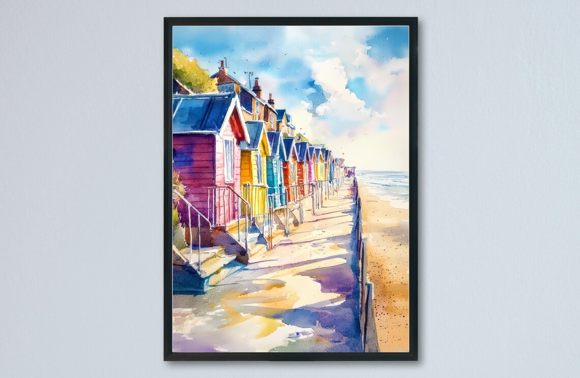Sheringham Colourful Beach Huts Norfolk Coast Watercolor Poster