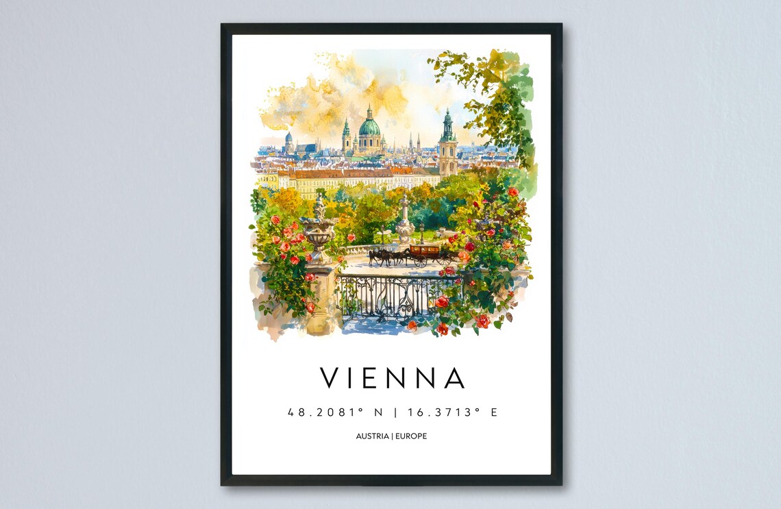 Vienna Austria Watercolor Cityscape Roses Terrace Garden Poster