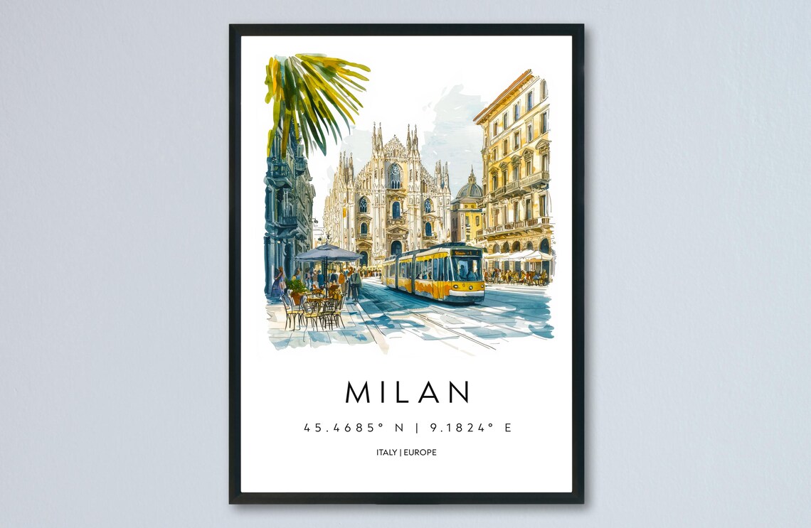 Milan Italy Watercolor Travel Poster Duomo Cathedral And Tram Scene