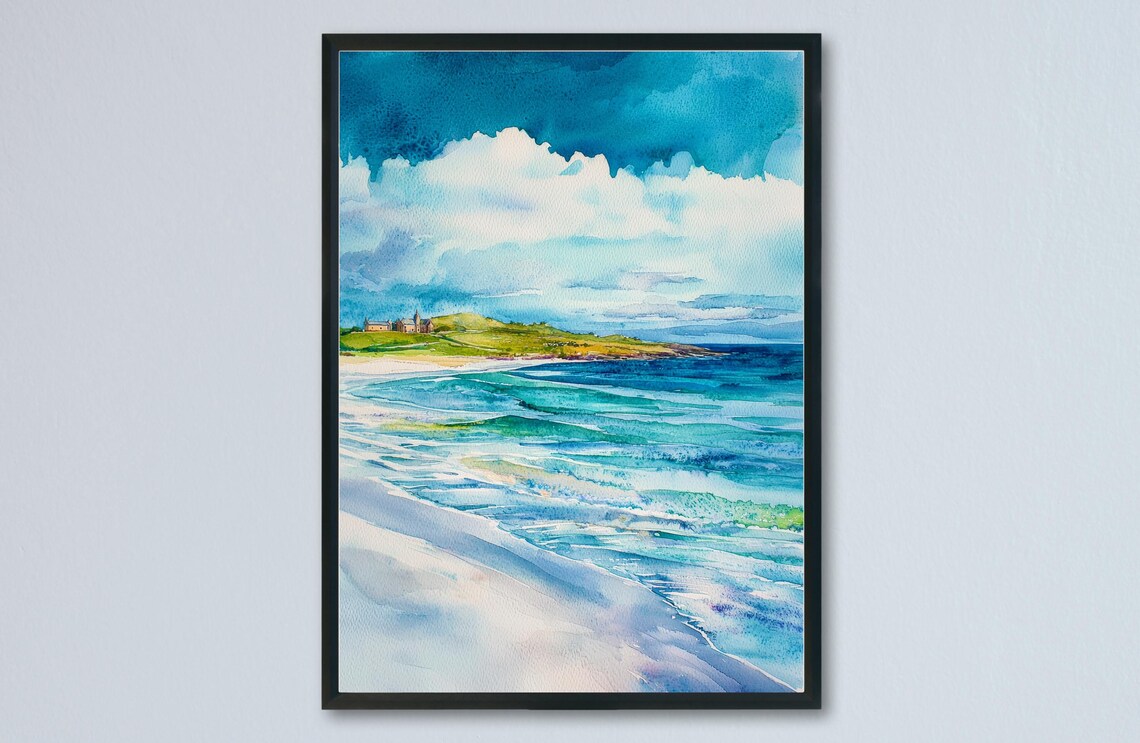 Isle of Iona White Sand Beach Turquoise Waves Watercolor Poster