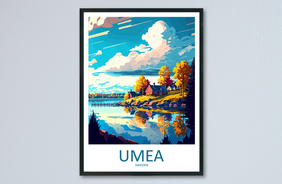Umea Sweden Golden Autumn Lakeside Cabin Reflections Travel Poster