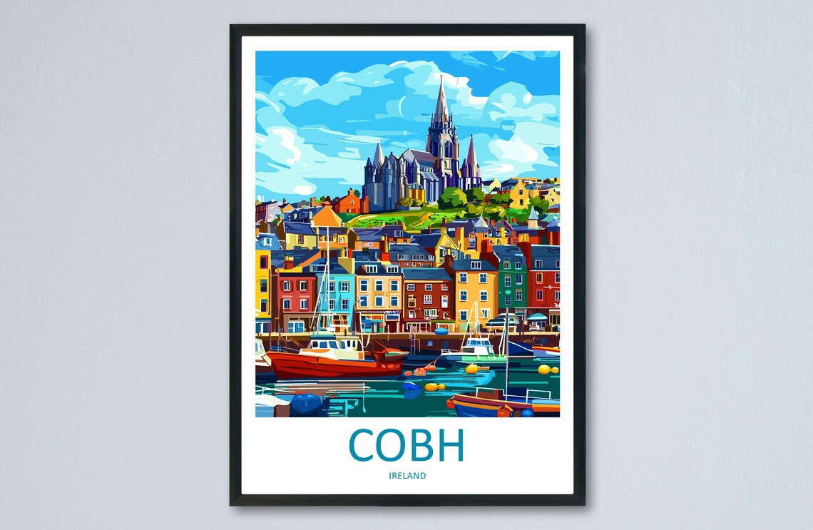 Cobh Ireland Colorful Harbor Town Cathedral Hill Travel Poster