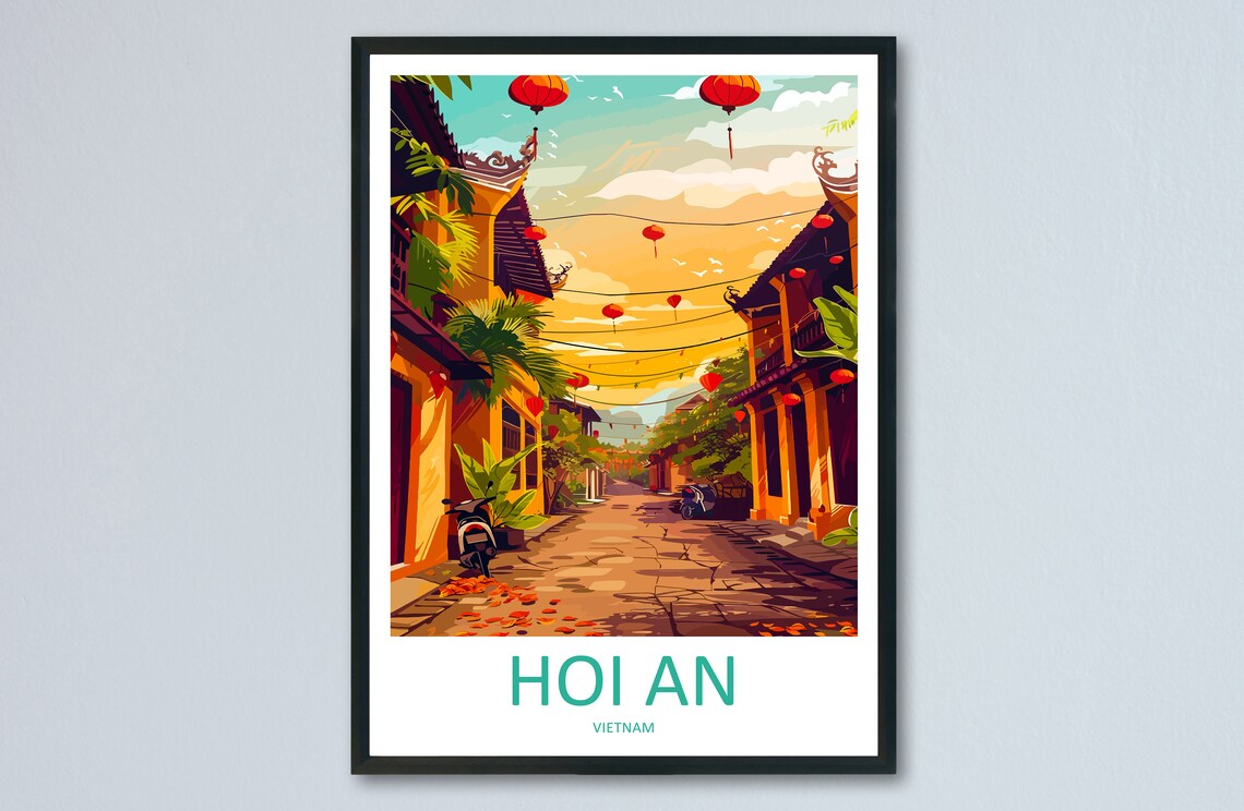Hoi An Vietnam Old Town Street Poster with Lanterns and Yellow Houses