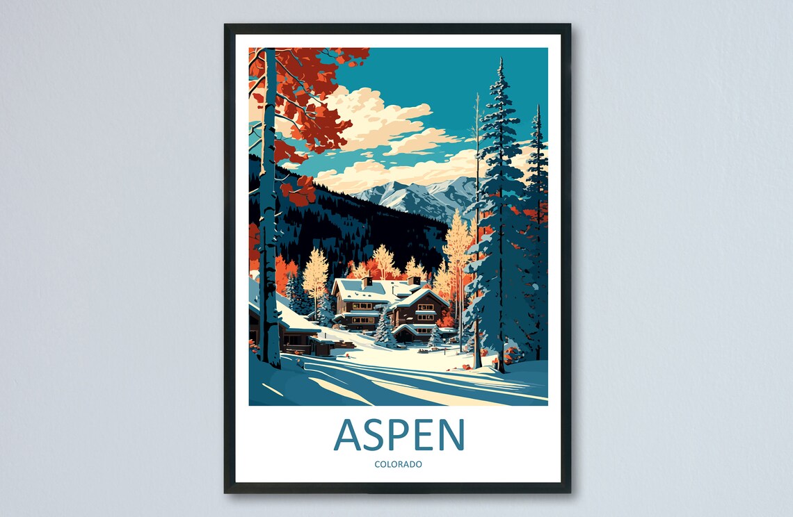 Aspen Colorado Snowy Lodge Autumn Foliage Mountain Peaks Travel Poster