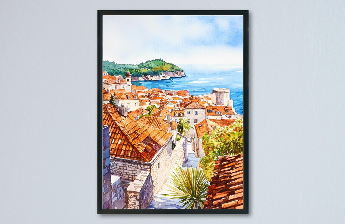 Dubrovnik Old Town Orange Rooftops Seaside Watercolor Travel Poster