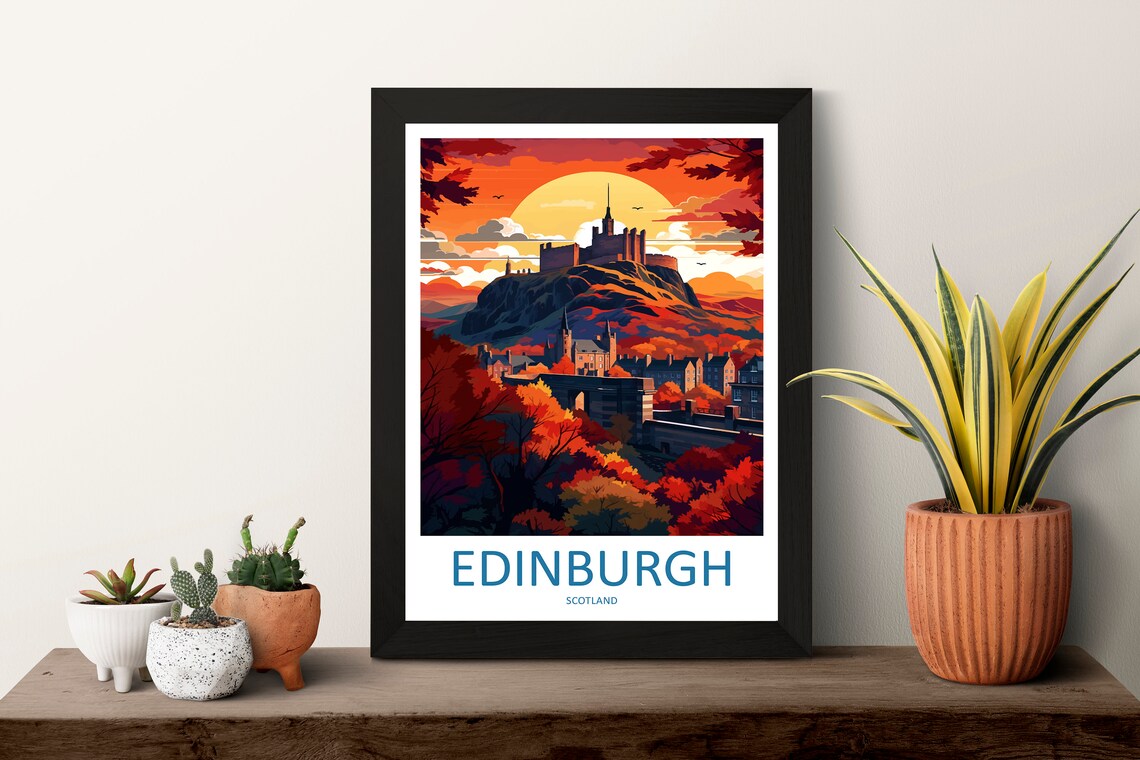 Edinburgh Scotland Castle Autumn Sunset Illustrated Travel Poster - Image 3