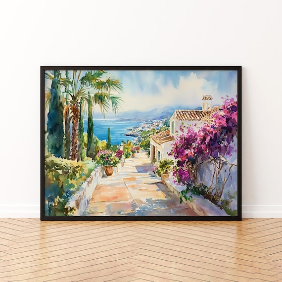 Costa del Sol Spain Watercolor Seaside Lane Bougainvillea View Art Poster