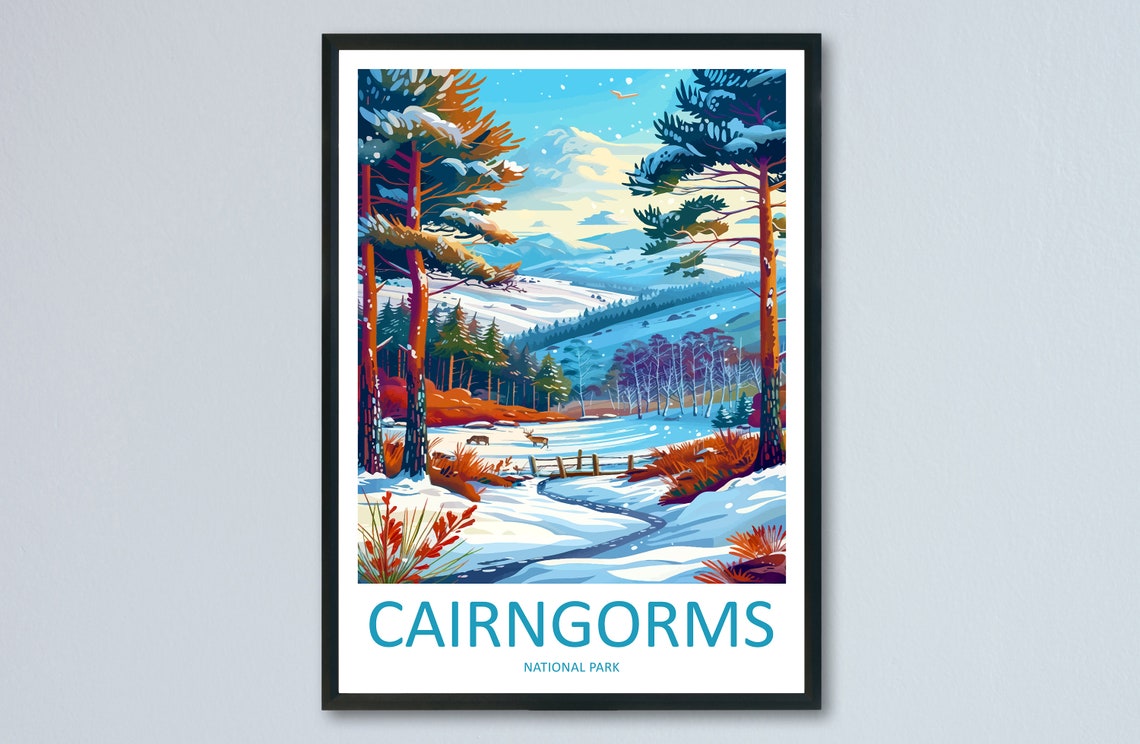 Cairngorms National Park Snowy Winter Forest Deer Scene Poster