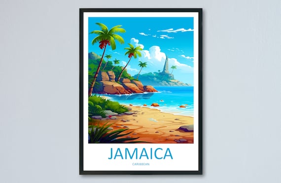 Sunny Jamaican Caribbean Beach With Palm Trees And Rocky Cliffs Poster