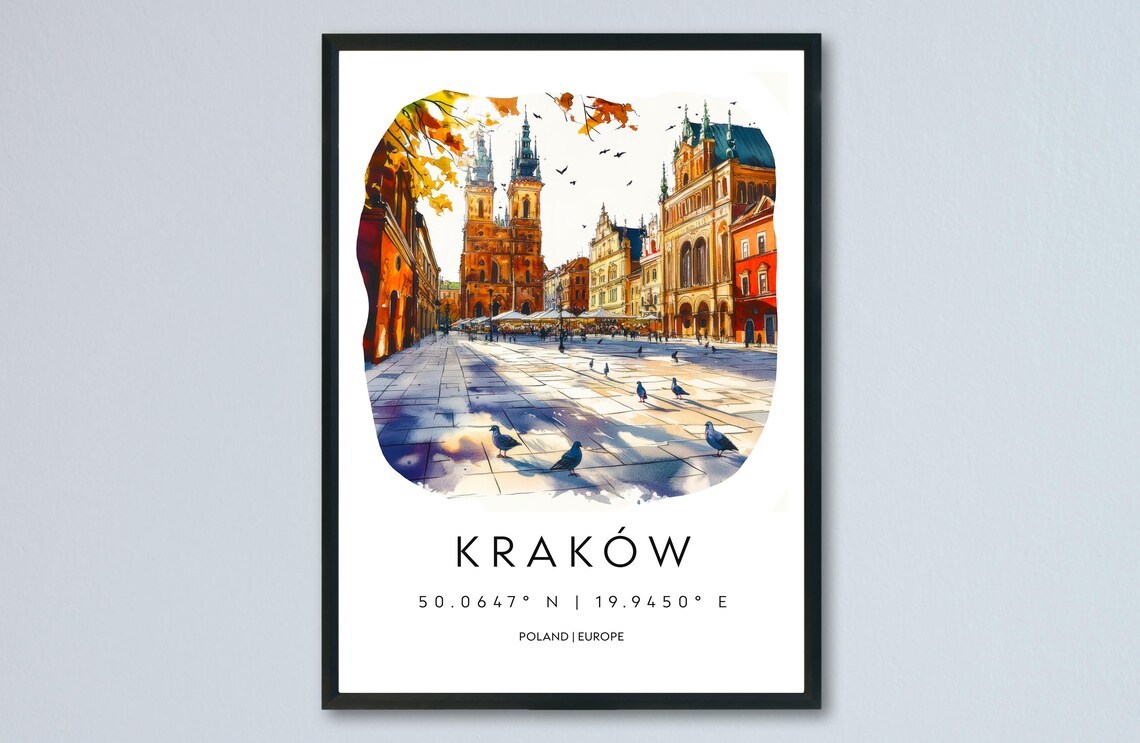 Krakow Poland Old Market Square Watercolor Travel Art Poster
