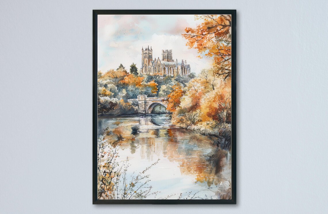 Durham Cathedral Autumn River Reflection England Watercolor Poster