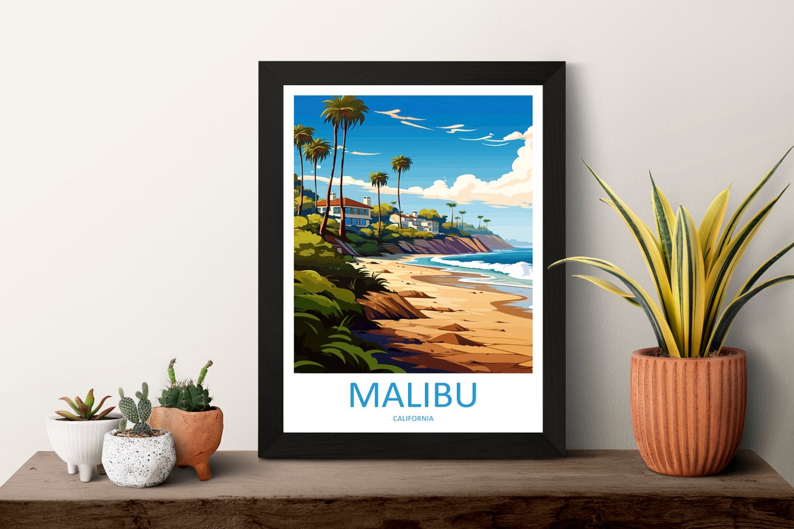 Malibu California Sandy Beach Palm Trees Vintage Travel Poster - Image 3